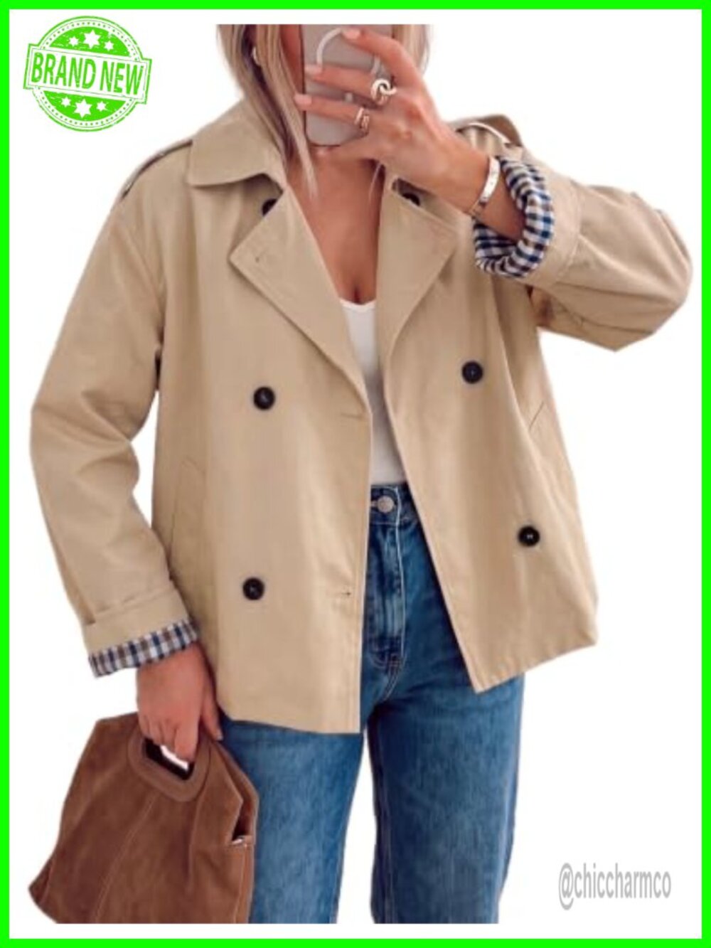 Women's Double-Breasted Cropped Trench Coat with Belted Cuffs, Lightweight